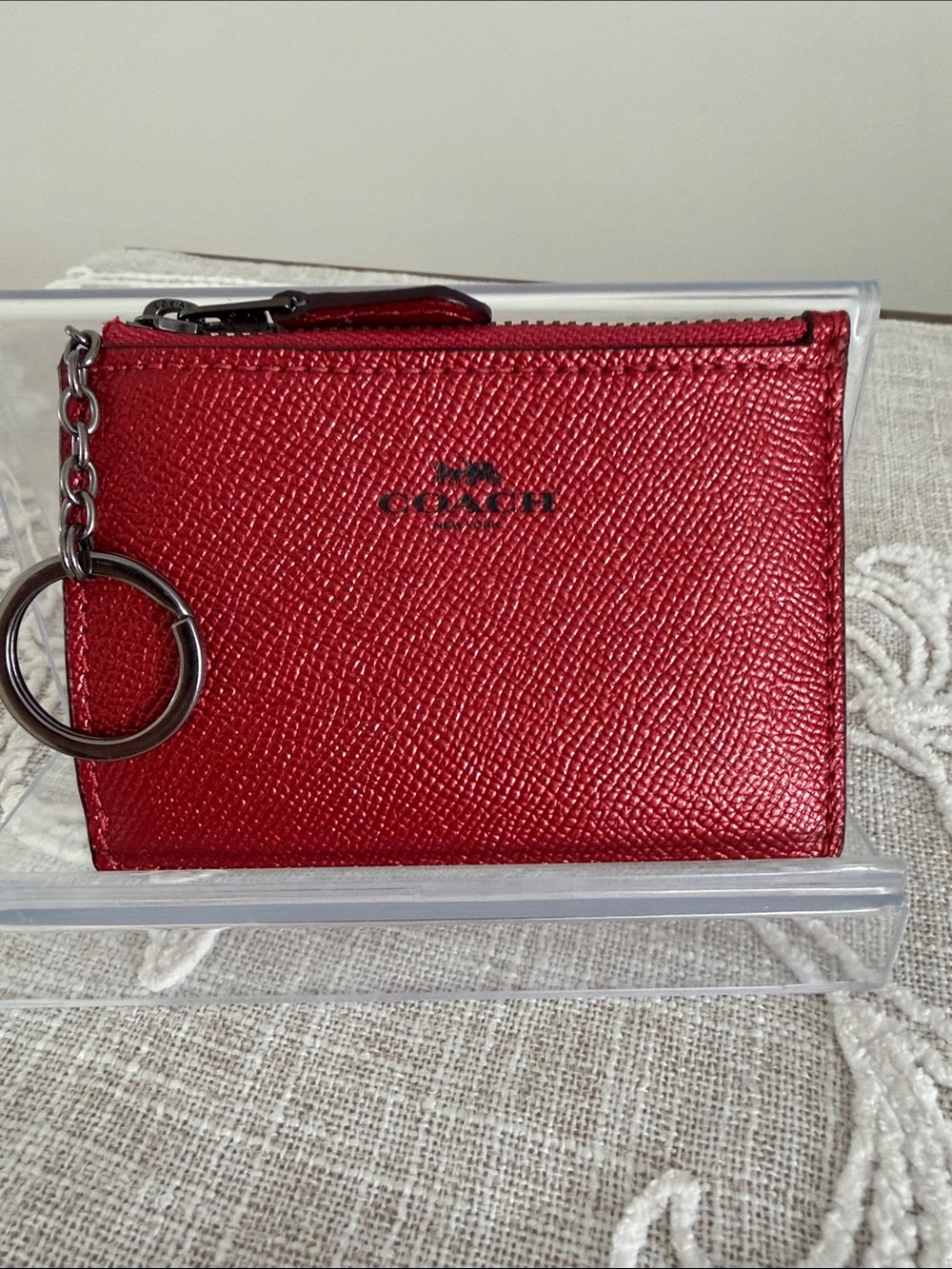 Coach Metallic Red Saffiano Leather Slim Zip Card Holder with Key Ring #F21072